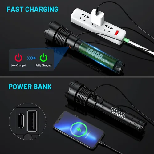 Vista 5 de Linternas LED recargables de 3600,000 lúmenes altos, linterna súper brillante con funciones de entrada y salida, linterna táctica para acampar