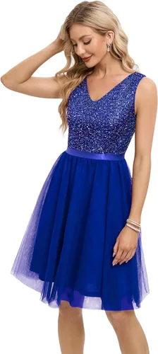 Vista 2 de Meetjen Vestido de cóctel de tul con lentejuelas para mujer, longitud hasta la rodilla, cuello en V, espalda en V, acampanado, vestido de fiesta