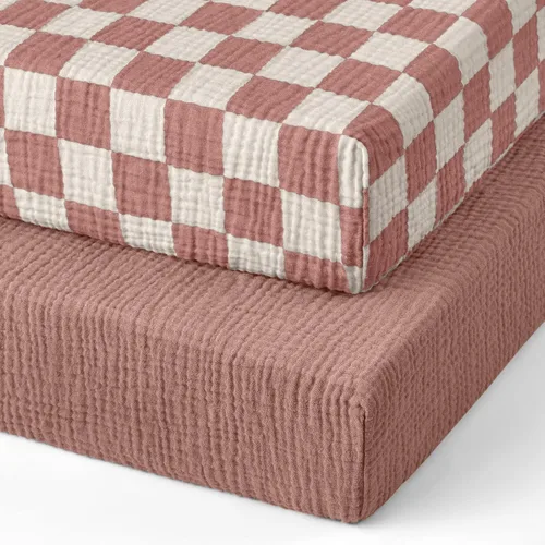Vista 32 de Blissful Diary Muslin Crib Sheets, 2 Pack, Beige Gingham & Brown Gingham fitted for 52''x28'' crib mattress, soft and breathable cotton, boho