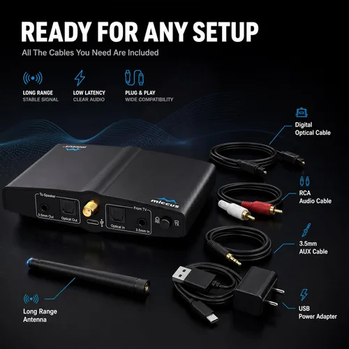 Vista 5 de Transmisor o receptor de audio Bluetooth de largo alcance para TV, PC estéreo, conectar altavoces, auriculares, teléfono, adaptador inalámbrico