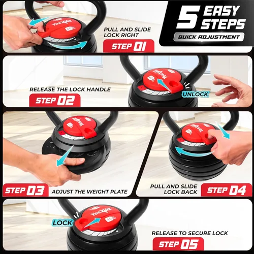 Vista 5 de Yes4All Adjustable Kettlebell Set, 20–40 LB Weight Set, Solid Cast Iron Handle with Spacer Disks & Secure Lock, Space-Saving Kettlebell for Home Gym