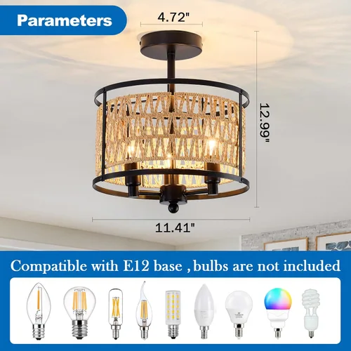 Vista 2 de Lámpara de techo de ratán de 3 luces, de 11 pulgadas, estilo bohemio, semiempotrada, lámpara de techo negra tejida a mano para casa de campo