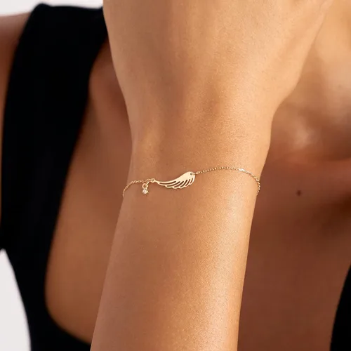 Vista 2 de Pulsera de ala de ángel de diamantes para mujer, pulseras con dije de ala de oro real de 14 quilates, pulseras delicadas de oro macizo de 14