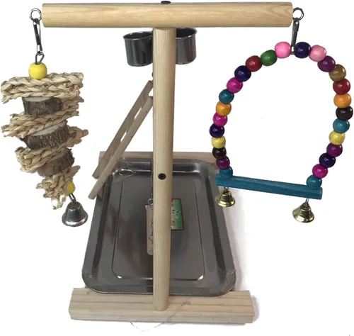 Vista 2 de Hamiledyi Parrot Playground Bird Play Stand Play Gym con comederos, columpios, escalera y bandeja, parque infantil de madera para periquitos