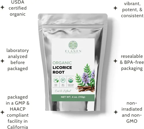 Vista 4 de Elanen Naturals Raíz de regaliz orgánica, 4 onzas (3.99 oz), té de raíz de regaliz orgánico certificado por USDA, regaliz picado a granel, regaliz