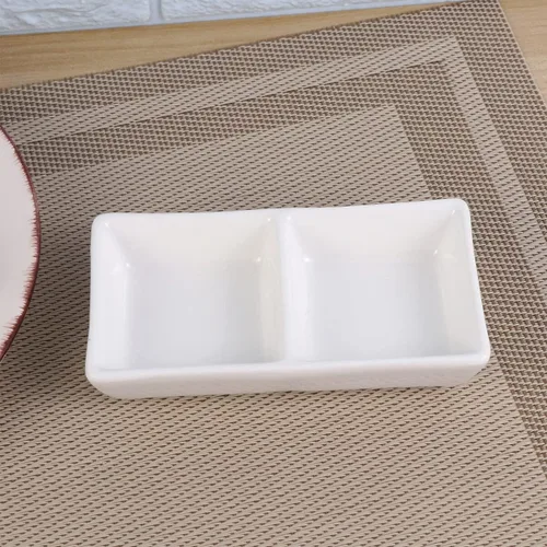 Vista 9 de Kichvoe Plato de cerámica de 2 compartimentos para aperitivos divididos, bandeja para servir aperitivos para salsa de soja, vinagre, ketchup