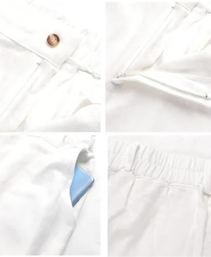 Vista 8 de Hooever Pantalones casuales de lino y algodón para mujer, con botones, cintura alta, pierna ancha