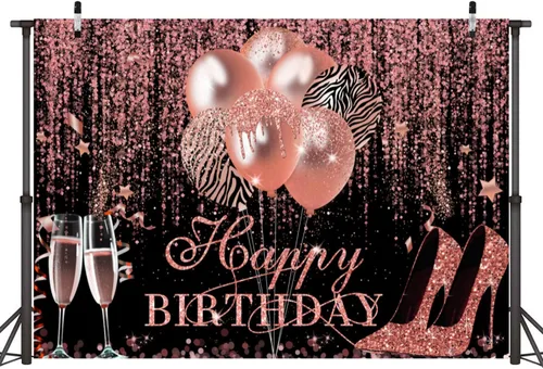Vista 3 de Sensfun Telón de fondo de feliz cumpleaños con purpurina oro rosa y negro, decoración de cumpleaños, tacón champán, fondo de fotografía para mujeres