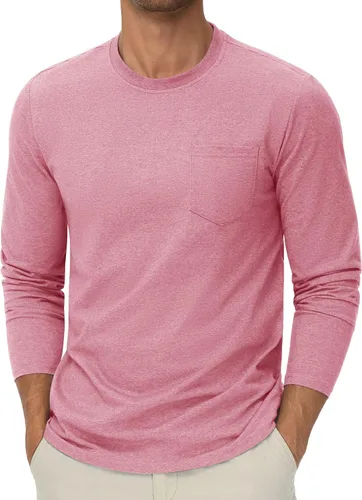 Vista 18 de Cotrasen Camisetas de manga larga para hombre, de algodón, cuello redondo, absorben la humedad, suaves, casuales, con bolsillo