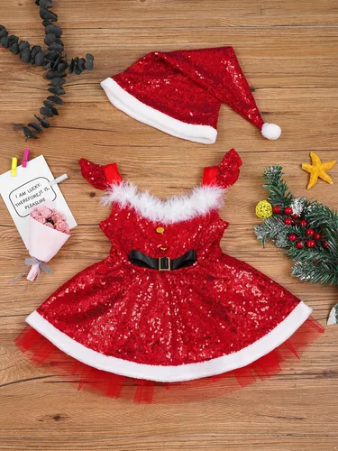 Vista 3 de TiaoBug Disfraz de Navidad para bebés y niñas, disfraz de Papá Noel, conjunto de ropa con sombrero de copo de nieve