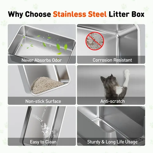 Vista 7 de Caja de arena para gatos de acero inoxidable 3 en 1 con tapa extraíble, caja de metal de alta cara extra grande cerrada para gatitos grandes