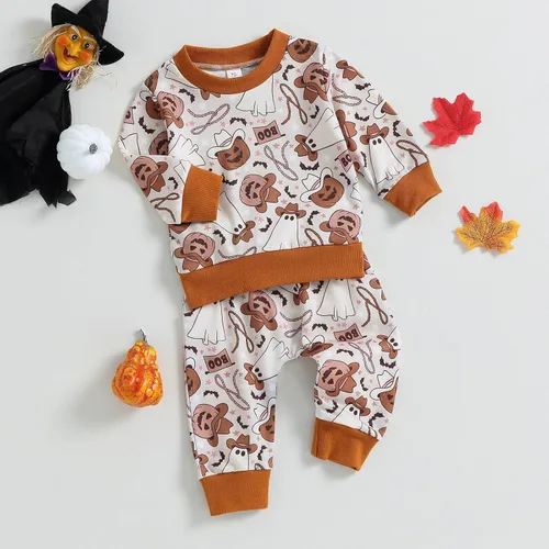 Vista 4 de Conjunto de sudadera de calabaza para niñas pequeñas de Halloween y pantalones cálidos, ropa de otoño e invierno