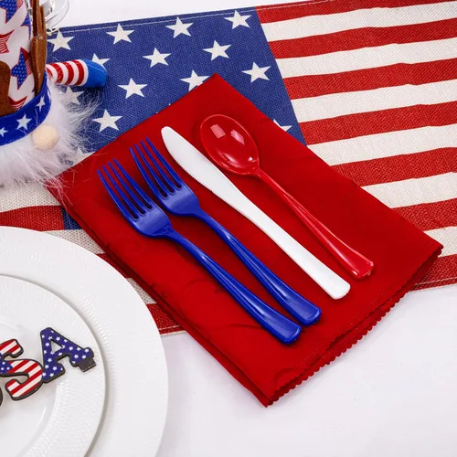 Vista 9 de Liacere 200 piezas de cubiertos de plástico desechables rojos y azules del 4 de julio - Cubiertos de plástico rojo y azul - Suministros de fiesta