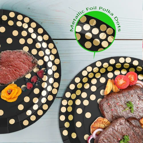 Vista 5 de DYLIVeS Plato de papel, paquete de 80 lunares negros y dorados, platos desechables de 7 pulgadas, redondo, casual, para todas las estaciones