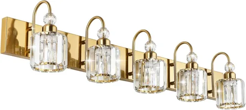 Vista 17 de Ralbay Modernas luces LED de cristal para tocador de baño, 3 luces de acero inoxidable, luces de tocador de cristal sobre el espejo, accesorios