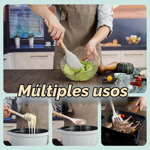 Vista 6 de QMVESS Juego de utensilios de cocina de silicona, 35 piezas, antiadherentes, aislamiento resistente, mango de madera, accesorios de cocina
