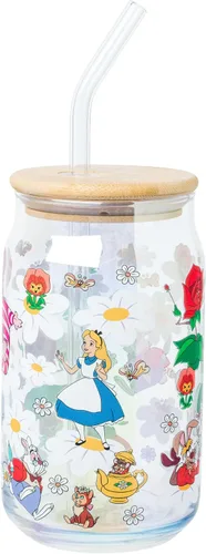 Vista 20 de Silver Buffalo Disney Alice in Wonderland Tarro de vidrio con tapa de bambú y pajita de vidrio, 16 onzas