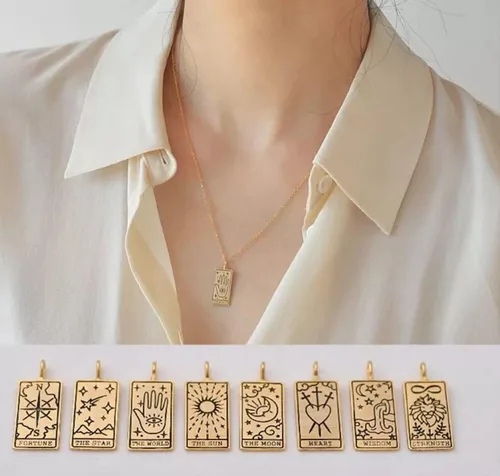 Vista 5 de Collar con colgante de tarjeta de tarot, amuleto de astrología, tarot, sol, luna, estrella, Fátima, ojo de mano, brújula, corazón, león, clavícula