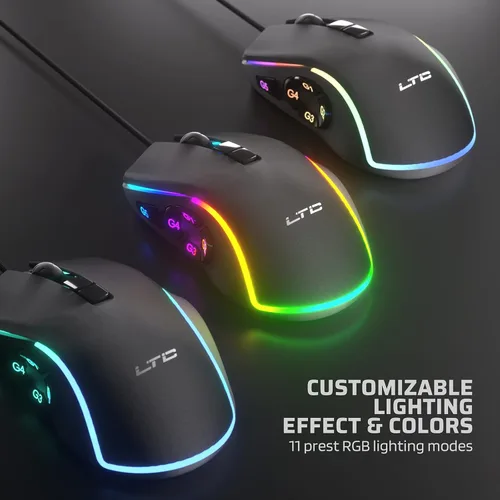 Vista 6 de LTC MKM051 MMO Mouse para juegos, 10 botones programables, 7200 DPI, mouse RGB con cable, construcción ergonómica de agarre natural, 5 teclas macro