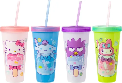 Vista 25 de Silver Buffalo Care Bears Corazones y Estrellas Juego de 4 Vasos de Plástico Cambian de Color con Popotes de Espiral Arcoíris con Tenderheart