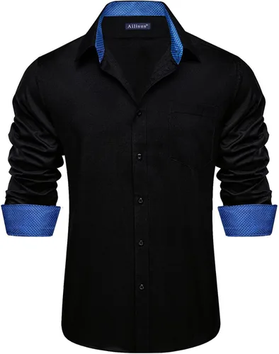 Vista 4 de Camisas de lino para hombre, casual, de manga larga, con botones, ajuste regular, cuello en contraste, con bolsillo