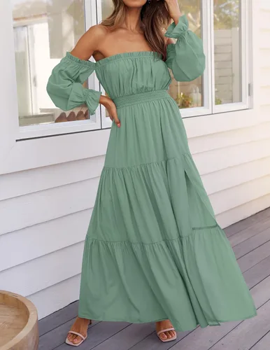 Vista 90 de ZESICA - Vestido largo, bohemio y sexy, con hombros descubiertos y manga larga fruncida, con elástico fruncido, cintura alta y abertura lateral
