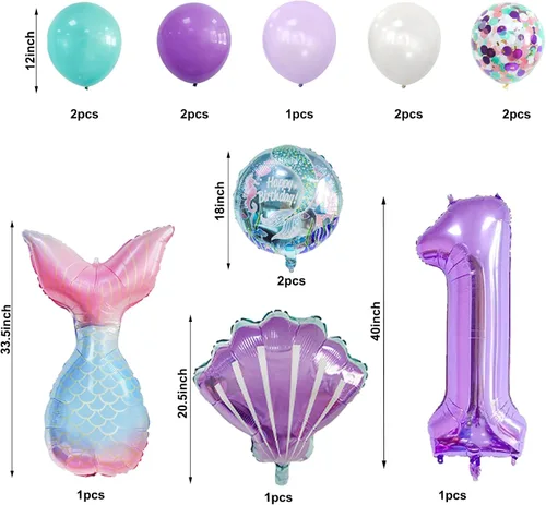 Vista 5 de Decoraciones de cumpleaños de sirena número 1: 13 globos de cola de sirena