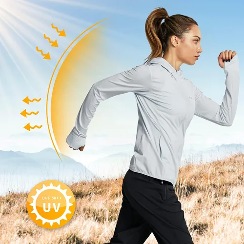 Vista 2 de Libin sudadera con capucha para mujer, con cremallera completa, UPF 50+, capucha con protección solar, de manga larga, para senderismo