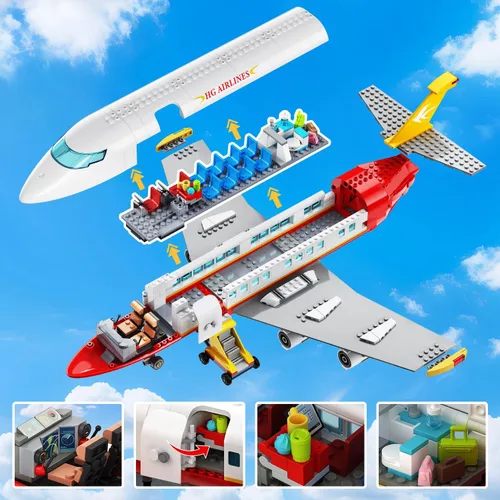 Vista 5 de HOGOKIDS Juego de construcción de avión urbano de 2 estilos con luz LED, bloques de construcción de aviones, interruptor de carga de pasajeros