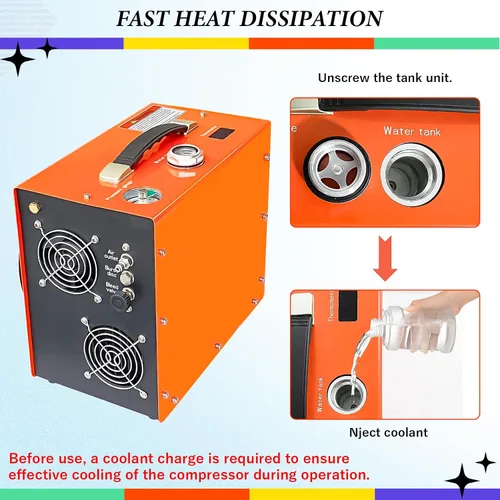 Vista 2 de Compresor de aire PCP 350W Potente motor 4500Psi/5800psi/400bar Refrigeración de agua y ventilador 12V/110V Auto-Stop PCP Air Rifle Fuente