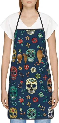 Vista 2 de Delantal de calavera de azúcar, delantales de cocina para hombres y mujeres, delantal de cocina, delantal de chef, delantales de jardín ajustables