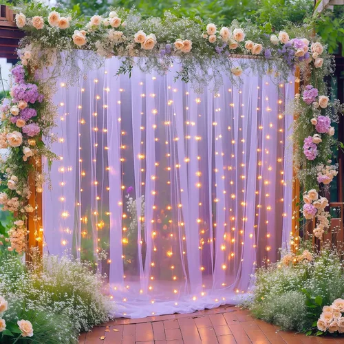 Vista 31 de Cortina de telón de fondo de tul negro de 10 x 10 pies con cadena de luces para fiestas, cortinas de fondo de fotos transparentes para bodas