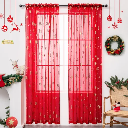 Vista 17 de Cortinas traslúcidas de Navidad para sala de estar, cortinas transparentes con estampado de copos de nieve de lujo, cortinas con bolsillo