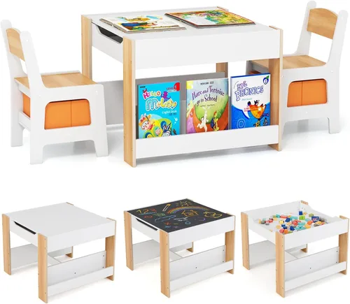 Vista 18 de Costzon - Juego de mesa y sillas para niños, escritorio de actividades multifuncional de madera para niños pequeños con mesa reversible, cajones