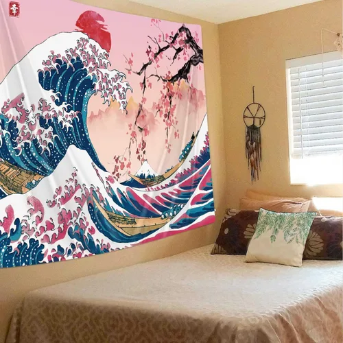 Vista 2 de MERCHR Tapiz de pared de flor de cerezo con sol rosa y rojo, olas del océano y escena de montaña, diseño de anime asiático para dormitorio, 60 x 40