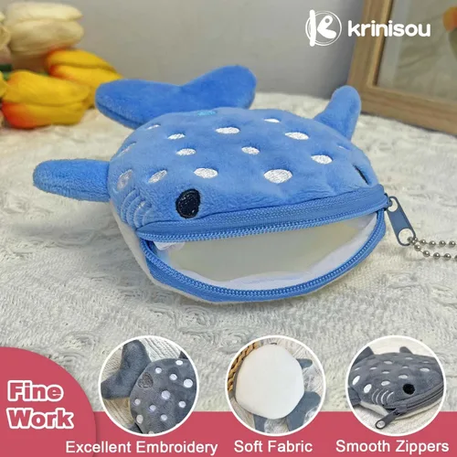 Vista 2 de Monedero de tiburón ballena, bolsa de felpa para niños, bonita cartera Kawaii con llavero con cremallera, pequeño bolso bordado de peces marinos