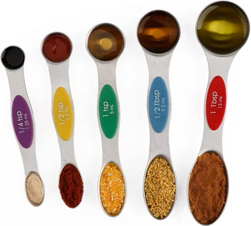 Vista 8 de Juego de 6 cucharas medidoras magnéticas de acero inoxidable apilables de doble cara y cucharada para medir ingredientes secos y líquidos