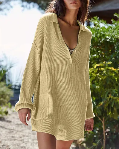 Vista 2 de KIDDAD Enterizo de suéter para mujer, trajes de otoño 2023, a la moda, largo, Henley, cuello en V, overol de punto para descansar