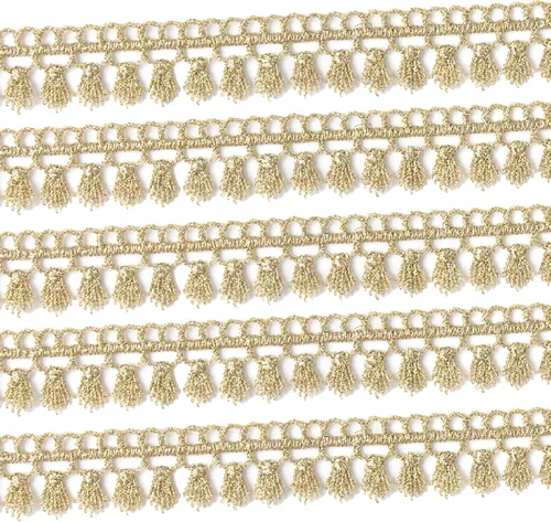 Vista 3 de Encaje bordado de costura con diseño de borla (#B19 Gold 5Yard)