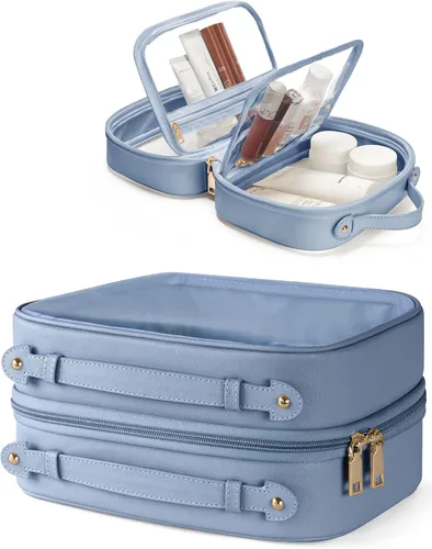 Vista 19 de Bolsa de Cosméticos Transparente de Doble Capa Bolsa de Artículos de Tocador de Viaje Estuche de Maquillaje Transparente con 4 Compartimentos, Bolsa
