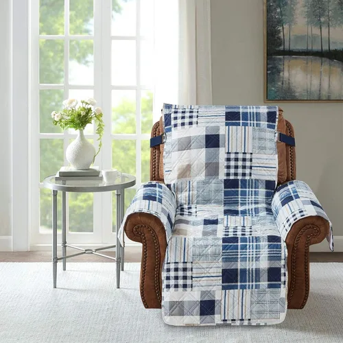 Vista 4 de Brilliant Sunshine Funda acolchada para sillón reclinable con diseño de retazos de cuadros azules y rayas, 26 pulgadas de ancho de asiento