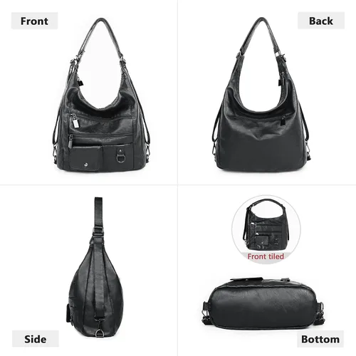 Vista 4 de Bolso y bolso de mano de cuero lavado suave para mujer, mochila convertible, bolso de hombro de gran capacidad, bolso cruzado