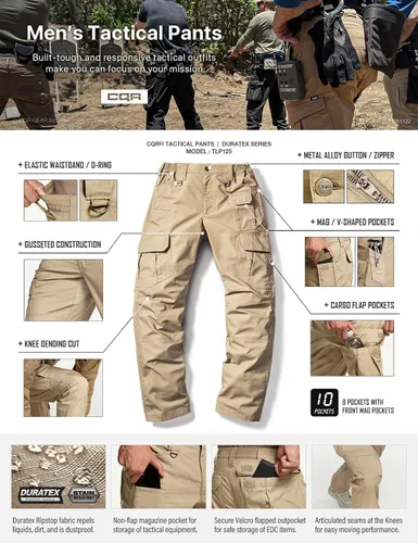 Vista 4 de CQR Pantalones tácticos para hombre, resistentes al agua, pantalones cargo Ripstop, ligeros EDC trabajo, senderismo, ropa para exteriores