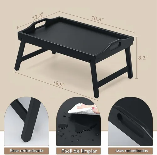 Vista 7 de Paquete de 2 bandejas de cama para mesa de desayuno, bandejas de servir, bandeja de bambú para cama portátil con patas plegables, asas y soportes