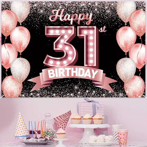 Vista 268 de Cartel de feliz cumpleaños décimo oro rosa, telón de fondo, saludos a 10 años, globos de confeti, decoración temática para niñas de 10 años