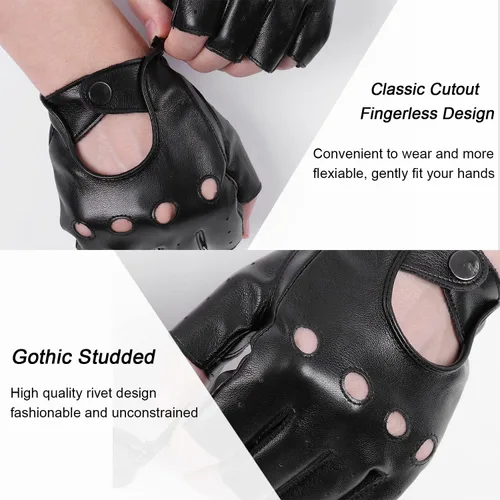 Vista 8 de FLORVIV Guantes negros sin dedos de piel sintética gótica gótica Cosplay disfraz punk Halloween actuación para mujeres y niñas