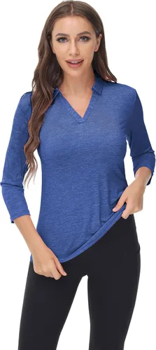 Vista 2 de TrendiMax Paquete de 2 camisetas polo de golf de manga 34 para mujer, cuello en V, absorbe la humedad, camisetas deportivas para entrenamiento