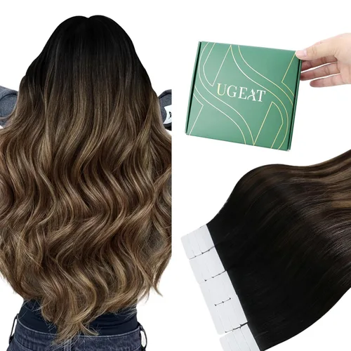 Vista 22 de Ugeat Extensiones de cabello humano con cinta invisible, extensiones de cabello negro con cinta, extensiones de cabello humano negro azabache