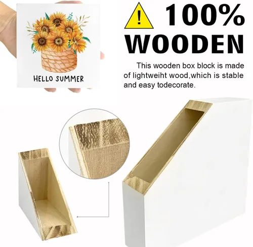 Vista 3 de Letreros de bloque de madera de verano, floreros de girasol de verano para el hogar, dormitorio, oficina, escritorio, mesa, decoración