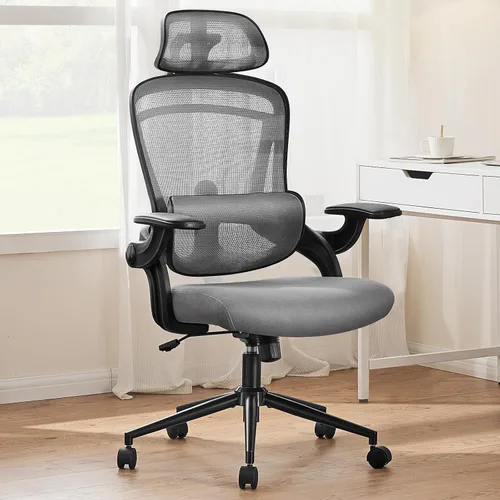 Vista 8 de Silla de oficina ergonómica de malla, silla de escritorio de computadora con respaldo alto con reposacabezas ajustable y soporte lumbar, silla